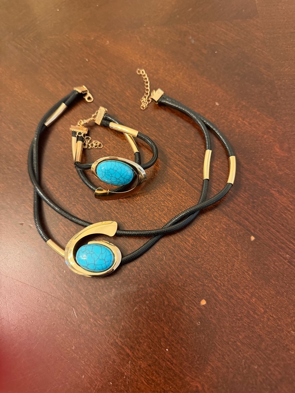 Turquoise Stone Pendant Necklace and Bracelet Set - Gold-Tone Accents